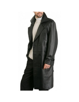 Augusta Guys Black Double Breasted Leather Overcoat