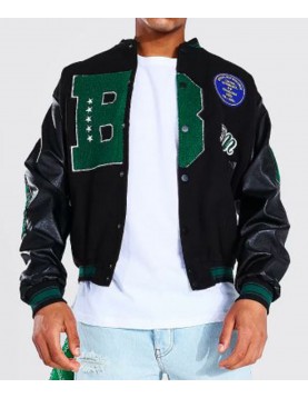 B Patch Varsity Bomber with Leather Look Sleeves