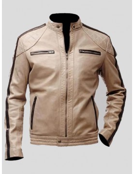 Beige Leather Moto Jacket