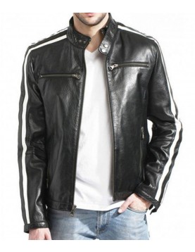 Biker Men’s White Stripes Black Leather Jacket