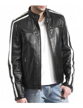 Biker Men’s White Stripes Black Leather Jacket