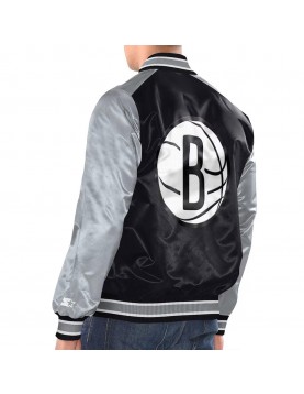 Black/Silver Brooklyn Nets Renegade Varsity Satin Jacket