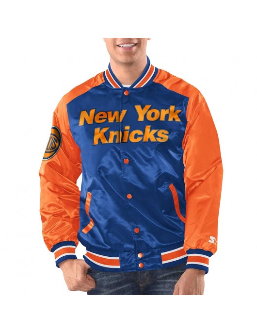 Blue/Orange New York Knicks Renegade Varsity Satin Jacket