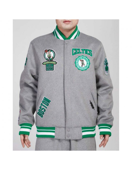 Boston Celtics Crest Emblem Heather Grey Varsity Wool Jacket