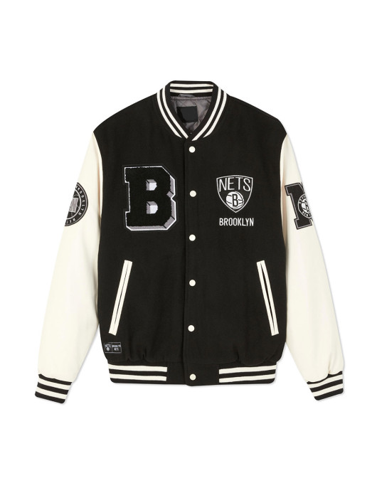 Brooklyn Nets Varsity Black and Off White Jacket