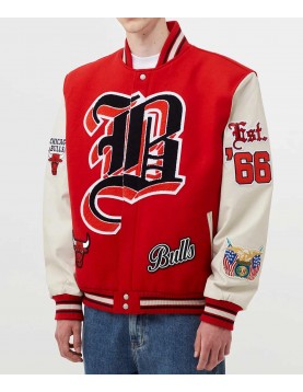 Chicago Bulls Red Wool and White Leather Varsity Letterman Jacket