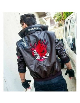 Cyberpunk 2077 Costume Jacket Mens Brown Leather Embroidery Coat