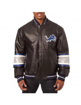 Detroit Lions Striped Varsity Black Leather Jacket