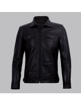 Diran Men Black Classic Leather Jacket with Shirt Collar