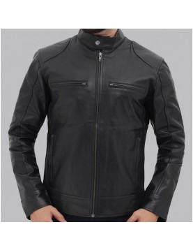 Dodge Black Mens Leather Racer Jacket