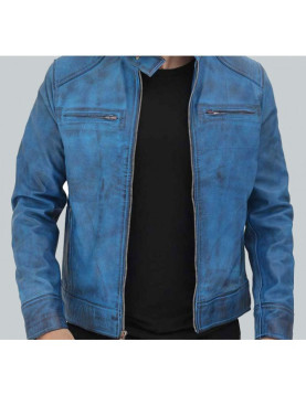 Dodge Cafe Racer Sky Blue Leather Jacket