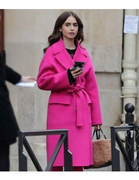 Emily in Paris Lily Collins Pink Wool Belted Coat