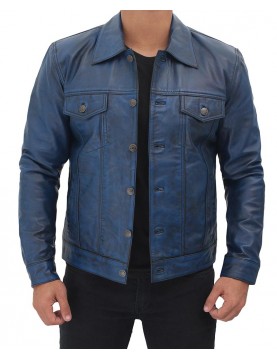 Fernando Mens Distressed Blue Trucker Leather Jacket