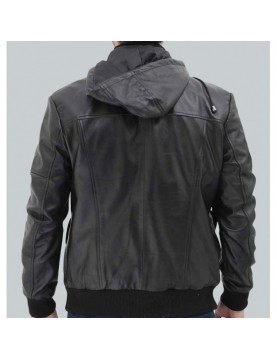 Frank Mens Black Leather Hooded Bomber Jacket