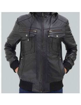 Frank Mens Black Leather Hooded Bomber Jacket