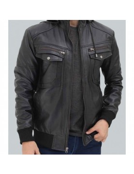 Frank Mens Black Leather Hooded Bomber Jacket