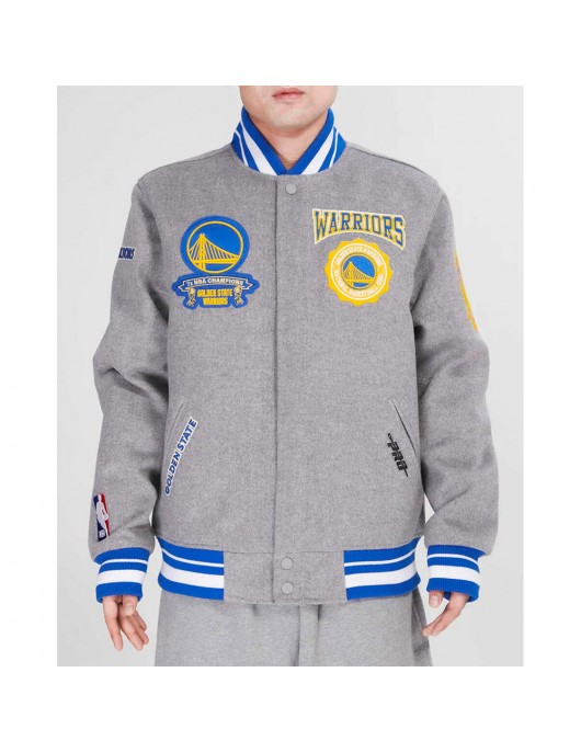 Golden State Warriors Crest Emblem Heather Grey Varsity Wool Jacket