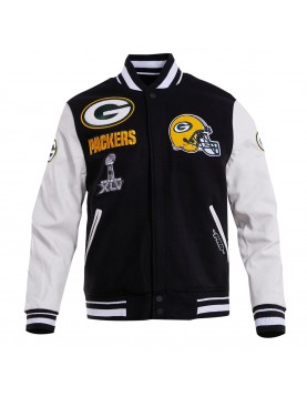 Green Bay Packers Black &amp; White Wool Varsity Jacket