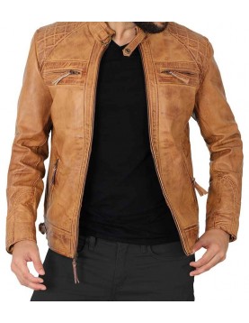 Johnson Quilted Distressed Camel Leather Jacket Mens