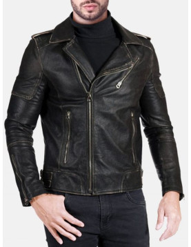 Men Real Leather Black Vintage Biker Jacket