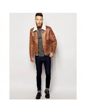 Men's Aviator Brown Leather Faux Shearling Jacket