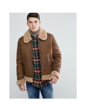 Men's Aviator Brown Leather Jacket With Faux Shearling