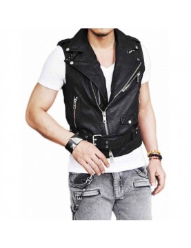 Men's Belted Asymmetrical Zipper Leather Vest