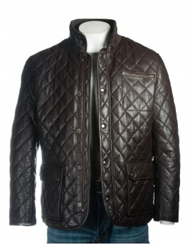 Men's Brown Quilted Leather Coat with Diamond Stitch