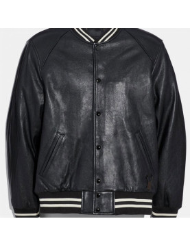 Men's Varsity Bomber Snap Tab Closure Black Leather Jacket