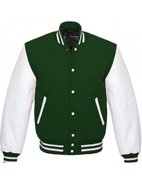 Men's White and Green Leather Bomber Varsity Jacket