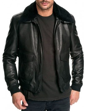 Mens Air Force Leather Bomber Jacket Fur Collar Black