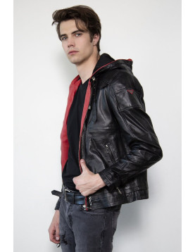 Mens Black Red Hood Black Leather Jacket