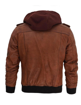 Mens Brown Bomber Leather Jacket With Removable Hood