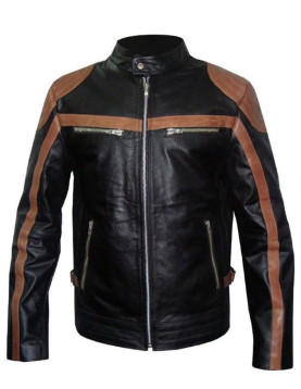 Mens Brown Strips Motorbike Leather Jacket