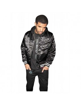 Mens Casual Black Bomber Satin Hooded Varsity Jacket