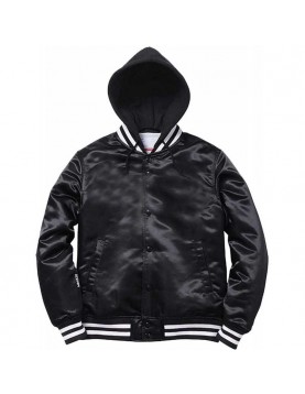 Mens Casual Black Bomber Satin Hooded Varsity Jacket