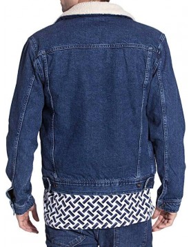 Mens Faux Shearling Fur Denim Jacket Blue