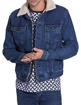 Mens Faux Shearling Fur Denim Jacket Blue