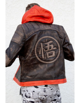 Mens Goku Orange Hood Brown Leather Jacket