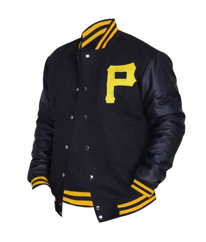 Mens Pittsburgh Pirates P Logo Baseball Majestic Varsity Black Letterman  Bomber Jacket