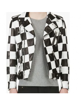 Men’s Biker Asymmetrical Zipper Checkerboard Leather Jacket