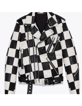 Men’s Biker Asymmetrical Zipper Checkerboard Leather Jacket