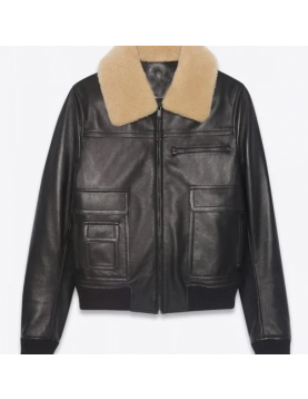 Men’s Black Sheepskin Leather Aviator Jacket with Removable Fur Collar