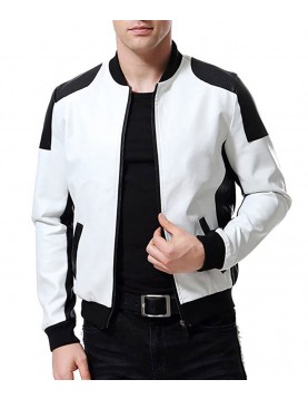 Men’s Black and White Leather Biker Bomber Jacket