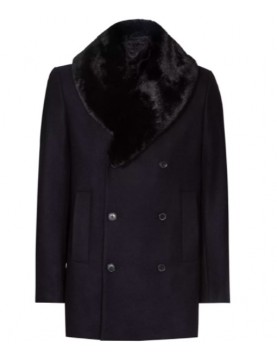 Men’s Blue Peacoat with Faux Fur Trimmed