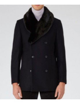 Men’s Blue Peacoat with Faux Fur Trimmed