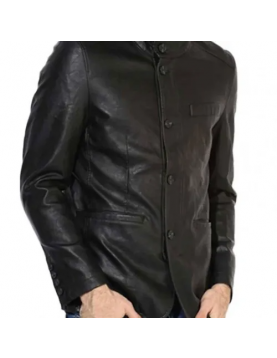 Men’s Button Closure Casual Stand Up Collar Black Leather Blazer