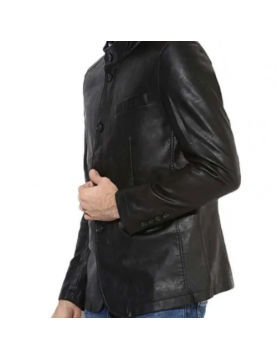 Men’s Button Closure Casual Stand Up Collar Black Leather Blazer