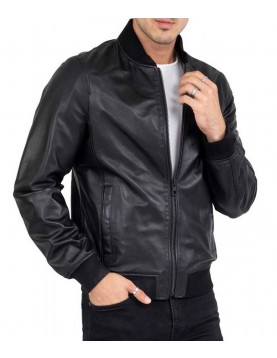 Men’s Casual Bomber Real Black Leather Jacket