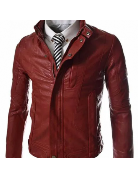 Men’s Casual Slim Fit Snap Tab Collar Maroon Faux Leather Jacket